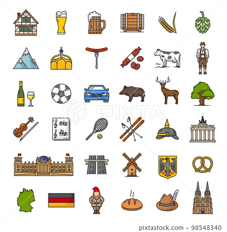 Color Germany landmarks, food, industry and travel outline icons. German culture, Europe travel line icons. Timbered house, beer tankard, alps and sausage, boar, deer and Brandenburg gate Color Germany landmarks, food, industry and travel outline icons. German culture, Europe travel line icons. Timbered house, beer tankard, alps and sausage, boar, deer and Brandenburg gate 98548340