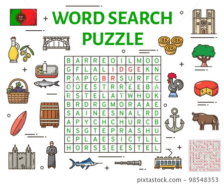 Portugal symbols word search puzzle game worksheet, vector riddle. Search word puzzle to search and find words in grid, Portuguese landmarks, flag with rooster and tram, cheese and sardines 98548353