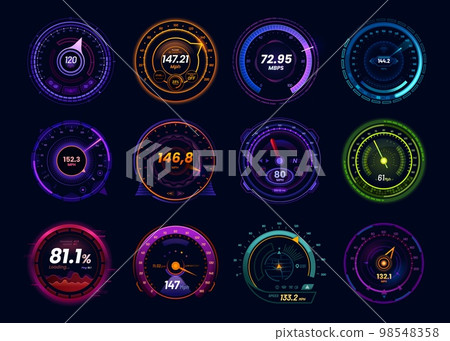 Futuristic car speedometer gauge and internet speed test meters, vector neon led dials. Car dashboard speedometers with mph and kph gauge arrow, internet download, upload and ping test indicators 98548358