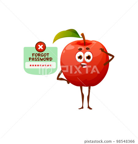 Forgot password cartoon apple character. Isolated vector funny fruit personage with confused face scratching head trying to remember personal information to enter email or online account in internet Forgot password cartoon apple character. Isolated vector funny fruit personage with confused face scratching head trying to remember personal information to enter email or online account in internet 98548366