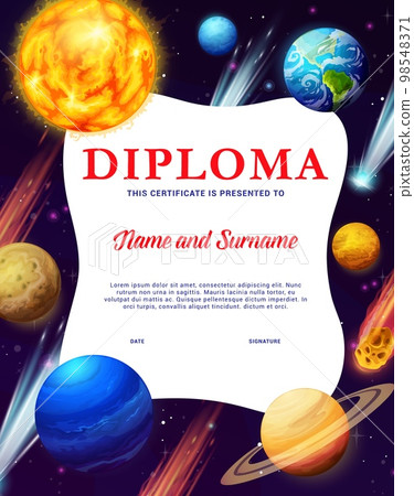 Kids diploma of space explorer, cartoon galaxy planets and stars. Vector certificate with cartoon solar system and universe objects. Astronomy science education, school award frame or border template 98548371