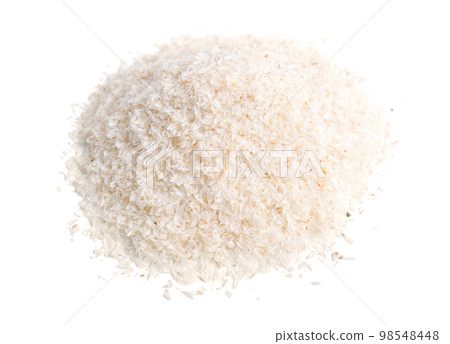 Heap of psyllium husk in plastic spoon. Isolated on white background. 98548448