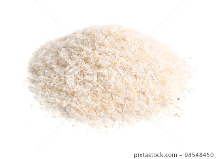Heap of psyllium husk in plastic spoon. Isolated on white background. 98548450