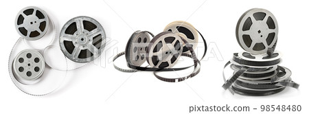 Collections old film strip in metal bobbins isolated on white. Various angles. 98548480