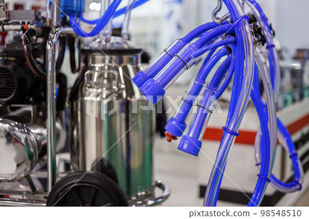 Teat cups of automated cow milking suction machine at exhibition: close up Teat cups of automated cow milking suction machine at exhibition: close up 98548510