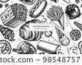 Carnival food seamless pattern background design. Engraved style. Hand drawn french fries, pretzel, popcorn, lemonade, hot dog, mulled wine, caramel apple, cotton candy, ice cream cones, lollipop 98548757