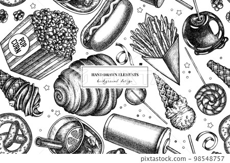 Carnival food seamless pattern background design. Engraved style. Hand drawn french fries, pretzel, popcorn, lemonade, hot dog, mulled wine, caramel apple, cotton candy, ice cream cones, lollipop Carnival food seamless pattern background design. Engraved style. Hand drawn french fries, pretzel, popcorn, lemonade, hot dog, mulled wine, caramel apple, cotton candy, ice cream cones, lollipop 98548757