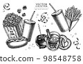 Carnival food vintage illustrations collection. Hand drawn logo designs with french fries, pretzel, popcorn, lemonade, hot dog, mulled wine, caramel apple, ribbons. 98548758