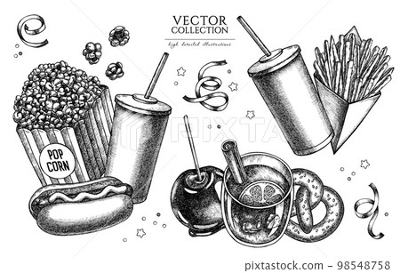 Carnival food vintage illustrations collection. Hand drawn logo designs with french fries, pretzel, popcorn, lemonade, hot dog, mulled wine, caramel apple, ribbons. Carnival food vintage illustrations collection. Hand drawn logo designs with french fries, pretzel, popcorn, lemonade, hot dog, mulled wine, caramel apple, ribbons. 98548758