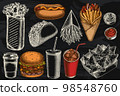 Street food hand drawn vector illustrations collection. Stylized sauces, nachos, soda, gyros, burger, taco, shawarma, french fries, hot dog, paper cup. 98548760