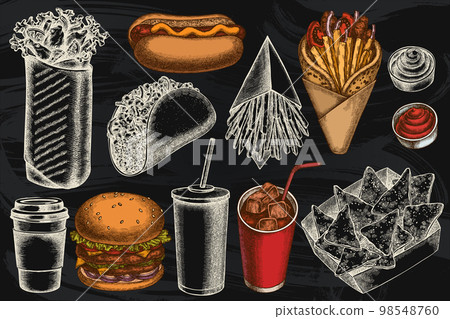 Street food hand drawn vector illustrations collection. Stylized sauces, nachos, soda, gyros, burger, taco, shawarma, french fries, hot dog, paper cup. Street food hand drawn vector illustrations collection. Stylized sauces, nachos, soda, gyros, burger, taco, shawarma, french fries, hot dog, paper cup. 98548760