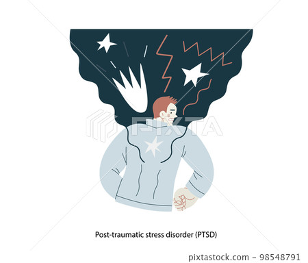 Mental disorders illustration. PTSD - modern flat vector illustration of a man meeting with traumatic stress experience - burst, explosion. People emotional, psychological, mental traumas concept 98548791
