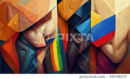 Bright abstract geometric pattern in cubism style. Imitation of oil painting. AI-generated 98549055