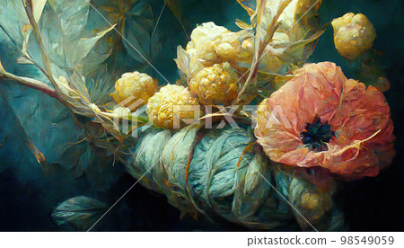 Antique painting with bright colorful flowers. Imitation of oil painting. AI-generated Antique painting with bright colorful flowers. Imitation of oil painting. AI-generated 98549059