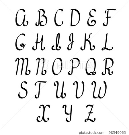 Letters of English alphabet uppercase linear vector illustration, calligraphic abc, cute funny decorative handwriting, handwritten font letters, symbols Letters of English alphabet uppercase linear vector illustration, calligraphic abc, cute funny decorative handwriting, handwritten font letters, symbols 98549063