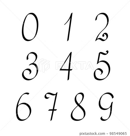 Numbers as a part of alphabet simple black lineart vector illustration, calligraphic abc, cute funny decorative handwriting, handwritten numerals, maths symbols Numbers as a part of alphabet simple black lineart vector illustration, calligraphic abc, cute funny decorative handwriting, handwritten numerals, maths symbols 98549065