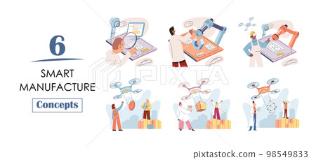 Manufacturing process, automated production line, delivery and distribution robots machinery industry 4.0 Manufacturing process, automated production line, delivery and distribution robots machinery industry 4.0 98549833