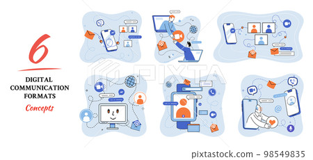 Digital communications formats. Chat messages smartphone, Sms on mobile phone screen, computer app Digital communications formats. Chat messages smartphone, Sms on mobile phone screen, computer app 98549835