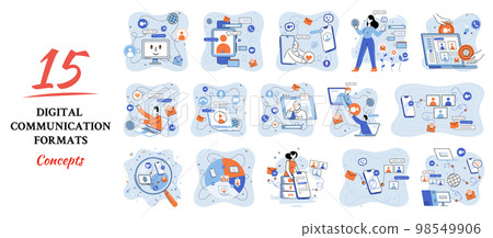 Digital communication formats metaphor, content with online data and social media streaming, mobile app 98549906