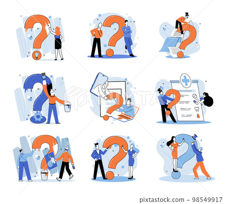 Question mark, obtaining information of interest. FAQ help. Problem and solution concept metaphor. Choice or answer 98549917