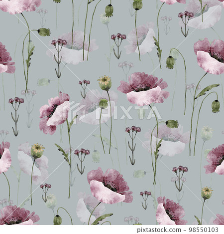 Seamless pattern with pink wildflowers poppies, watercolor illustration. Seamless pattern with pink wildflowers poppies, watercolor illustration. 98550103