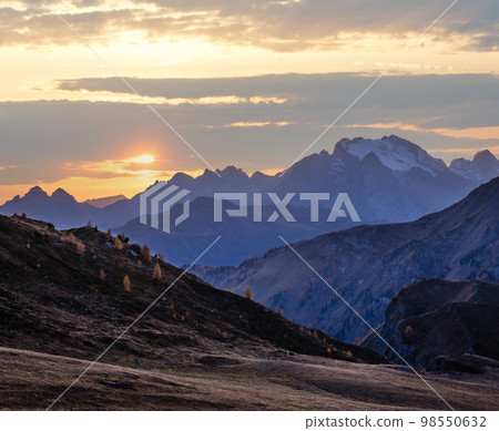 Mountain evening dusk peaceful hazy view from Giau Pass. 98550632