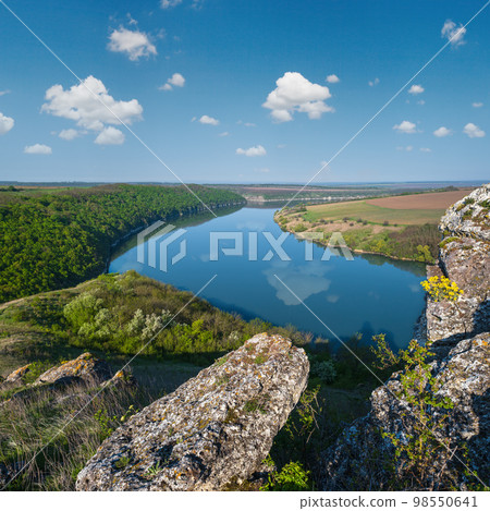 Amazing spring view on the Dnister River Canyon with picturesque rocks, fields, flowers. This place named Shyshkovi Gorby,  Nahoriany, Chernivtsi region, Ukraine. 98550641