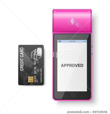 Vector 3d Red NFC Payment Machine with Approved Status and Credit Card Isolated. Wi-fi, Wireless Payment. POS Terminal, Machine Design Template of Bank Payment Contactless Terminal, Mockup. Top VIew 98550656