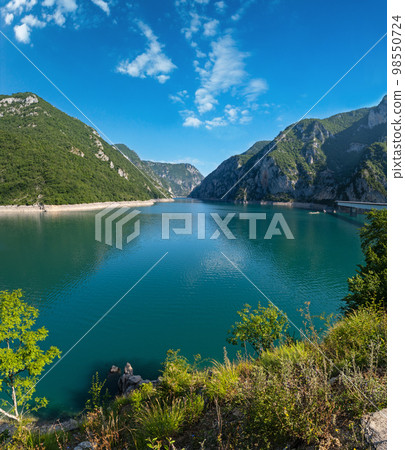 Piva Lake (Pivsko Jezero) view in Montenegro. 98550724