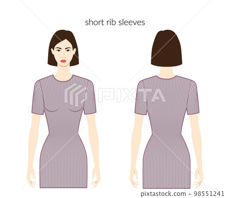Rib sleeves knit short length clothes character beautiful lady in grey shirt, dress technical fashion illustration 98551241