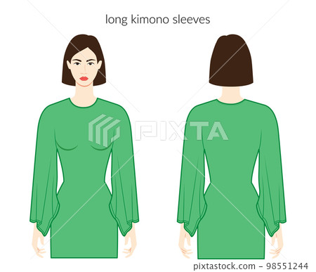 Kimono sleeves long length clothes character beautiful lady in green top, shirt, dress technical fashion illustration 98551244