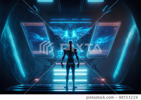 Humanoid alien works with futuristic control panel, virtual interface, generative AI 98553219