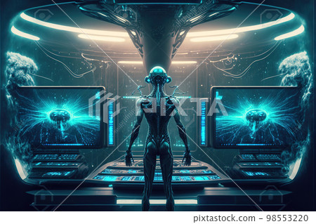 Humanoid alien works with futuristic control panel, spaceship command room, generative AI 98553220