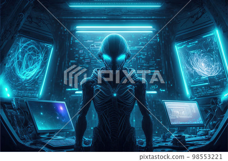 Humanoid alien stands by futuristic control panel, spaceship command post, generative AI 98553221