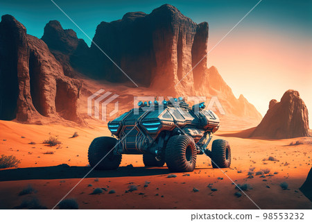 Mars rover during mission, futuristic space vehicle on alien planet surface, generative AI 98553232