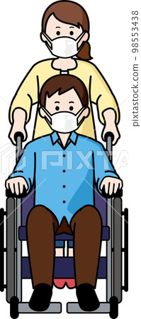 一個戴口罩坐在輪椅上的男人和一個推著的女人 98553438