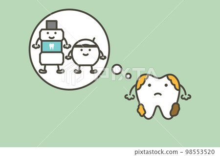 dirty tooth with dental plaque thinking of mouthwash and floss - teeth cartoon vector flat style dirty tooth with dental plaque thinking of mouthwash and floss - teeth cartoon vector flat style 98553520