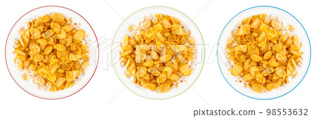 Bowl of sweet cornflakes with milk isolated on white background, top view 98553632