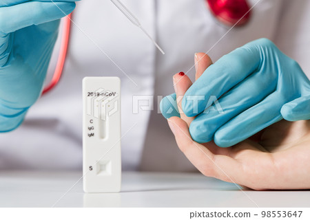 Doctor taking patient blood from finger for quick covid test. COVID-19 Antibody Testing. 98553647