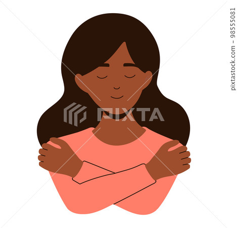 African girl hugging herself. Self care, love yourself concept African girl hugging herself. Self care, love yourself concept 98555081
