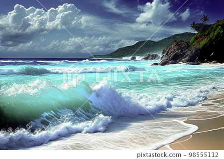 Soft beautiful ocean wave on sandy beach. Generative AI Soft beautiful ocean wave on sandy beach. Generative AI 98555112