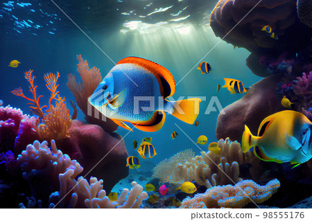 fish and corals. underwater world of the red world. Generative AI 98555176