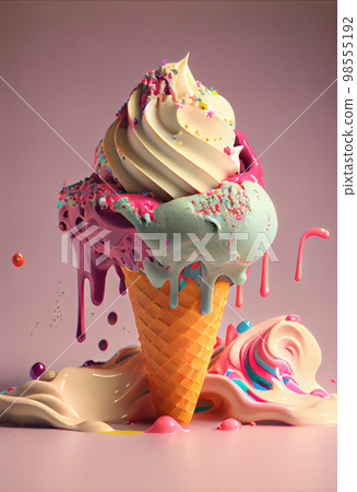 3d ice cream cone with expressive drops. Generative AI 98555192