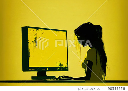 drawing girl at the computer minimalism....-插圖素材 [98555356] - PIXTA圖庫