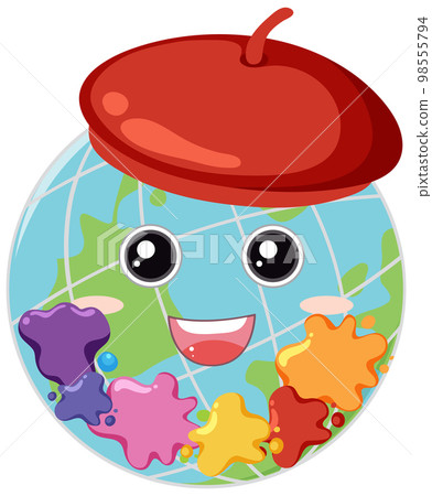 Smile earth globe wearing artistic beret hat 98555794
