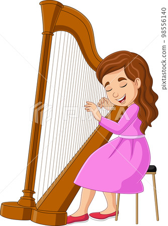 Cartoon little girl playing harp 98556140