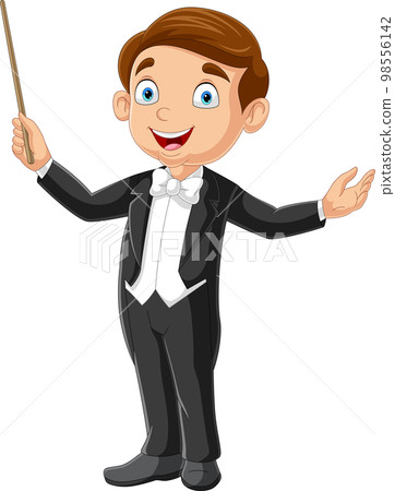 Cartoon boy conductor directing with baton 98556142