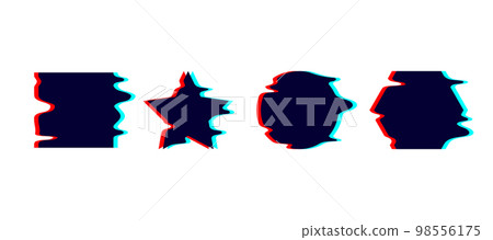 Glitched melt geometric shapes set. Distorted circle, square, star, hexagon with drip effect. Futuristic destroyed design elements collection. Text boxes.  98556175