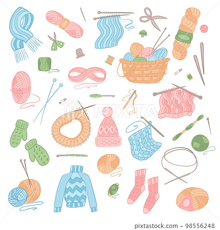Set vector illustration. Knitting tools, yarn, wools, knitting needles. 98556248