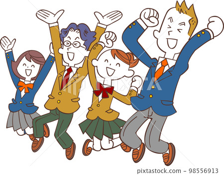 身穿藍色西裝和米色西裝的男女學生向左看，開心地跳躍 98556913
